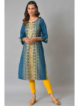 Aurelia - Blue Floral Printed Sequined Ethnic Liva Kurta