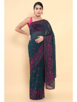 Soch - Women Teal Georgette Embellished & Sequined Saree with Unstitched Blouse