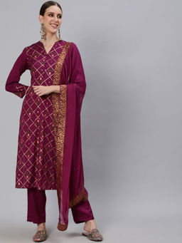 ISHIN - womens Silk Blend Burgundy Foil Printed A-line Kurta Trouser Dupatta (Set of 3)