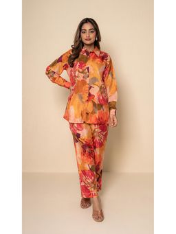 Kameez - Coral Amber Floral Digital Print Bamboo Silk Co-ord Set