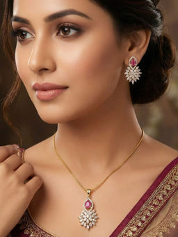 Nuyug - Multi-Color American Diamond Ruby Rosette Necklace with Earrings