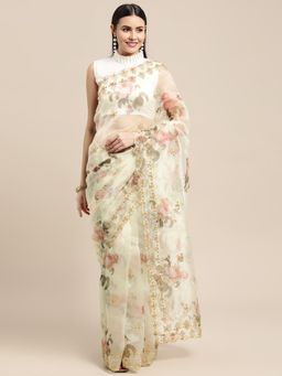 Vastranand - Organza Print Embroidery Border Party Wear Saree with Unstitched Blouse