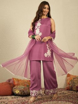 INDDUS - Women Floral Sequined Embroidered Kurta Pant With Dupatta