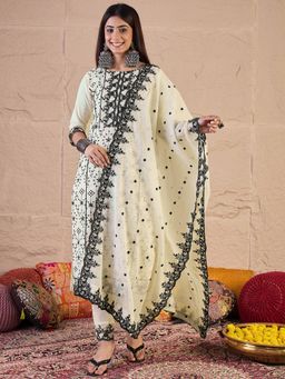 Rain & Rainbow - INDDUS Women Floral Thread Embroidered Straight Kurta Pant with Dupatta