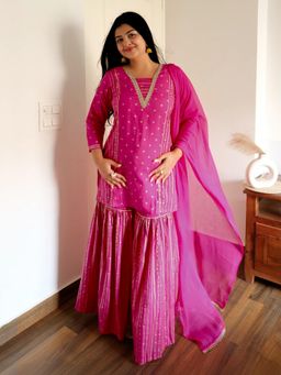 Janasya - Women Pink Sequined Kurta With Sharara and Dupatta