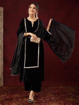 Janasya - Women Black Velvet Embellished Straight Kurta Set