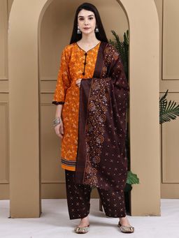 Rajnandini - Women Orange Cotton Blend Floral Printed Kurta Salwar With Dupatta