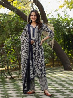 Rain & Rainbow - Printed Mirror Work Pure Cotton Straight Kurta Pant With Dupatta