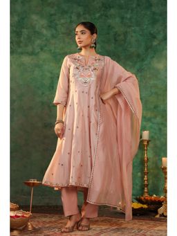 Rain & Rainbow - Floral Embroidered Anarkali Kurta Pant With Dupatta
