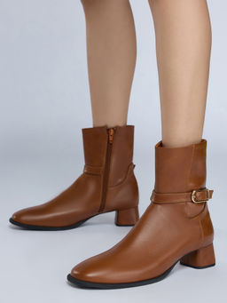 Twenty Dresses by Nykaa Fashion - Tan Square Toe Buckle Detail Block Heel Boots for Women
