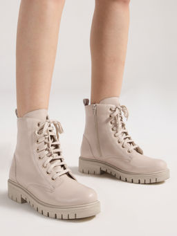 Twenty Dresses by Nykaa Fashion - Beige Round Toe Lace Up Women's Combat Boots