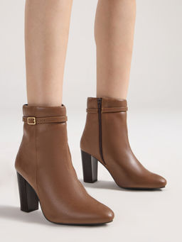 Twenty Dresses by Nykaa Fashion - Tan Almond Toe Buckle Detail Womens Block Heel Ankle Boots