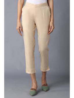 Elleven - Beige Solid/Plain Woven Mid Waist Pant