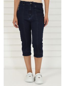 Elleven - Blue Solid/Plain Mid Waist Capri
