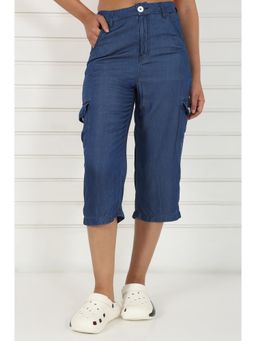 Elleven - Blue Solid/Plain Mid Waist Capri