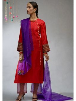 DaMAK - Shashi Silk Red Kurta With Pant And Dupatta
