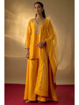 THE AARYA - Niyah Yellow Hand Woven Chanderi Silk Kurti with Sharara and Dupatta