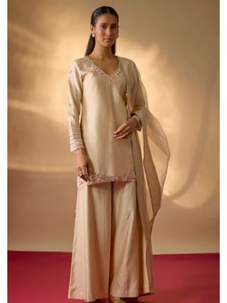 THE AARYA - Zaira Beige Hand Woven Chanderi Silk Kurti with Sharara and Dupatta