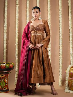 AHI Clothing - Antique Golden Silk Anarkali Kurta with Palazzo and Dupatta