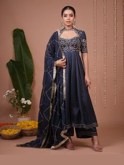 AHI Clothing - Navy Blue Silk Satin Heavy Anarkali Kurta with Palazzo and Dupatta