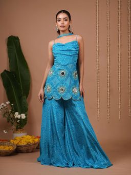 AHI Clothing - Firozi Blue Bandhani Printed Kurta And Sharara Set With Dupatta