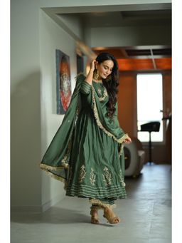 AHI Clothing - Mehendi Green Chanderi Silk Anarkali Kurta with Palazzo and Dupatta