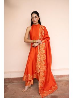 Safaa - Orange Chandni Aangan Woven Anarkali And Pant With Dupatta
