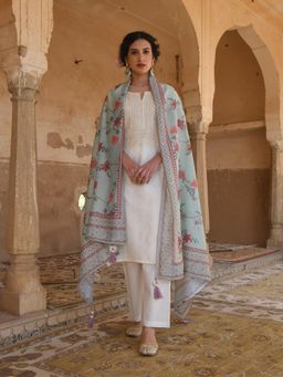 Karaj Jaipur - Off White Chikankari Kurta And Pant With Dupatta