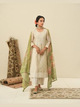 Karaj Jaipur - Cream Nazam Kurta And Pant With Dupatta With Printed Dupatta