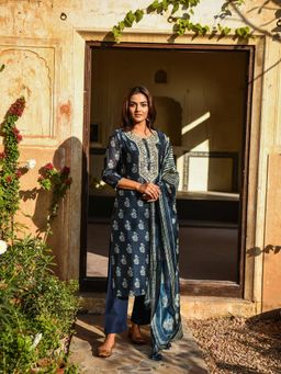 Karaj Jaipur - Navy Blue Noor Chanderi Kurta And Pant With Dupatta