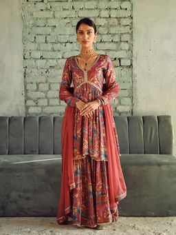 Karaj Jaipur - Maroon Printed Flared Kurta And Sharara With Dupatta