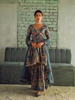 Karaj Jaipur - Grey Printed Flared Kurta And Sharara With Dupatta