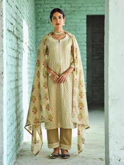 Karaj Jaipur - Beige Thread Embroidered Kurta And Pant With Dupatta