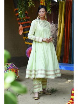 Tanu Malhotra - Green Embroidered Anarkali Kurta with Pant