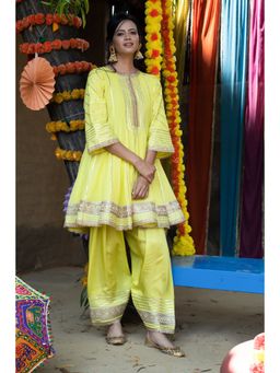 Tanu Malhotra - Yellow Embroidered Gota Work Anarkali Kurta with Salwar