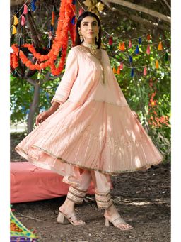 Tanu Malhotra - Peach Embroidered Gota Anarkali Kurta With Pant