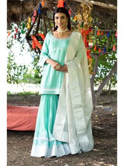 Tanu Malhotra - Aqua Embroidered Gota Work Kurta with Sharara and Dupatta