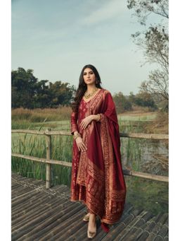Safaa - Red The Selah Woven Anarkali And Pant With Dupatta