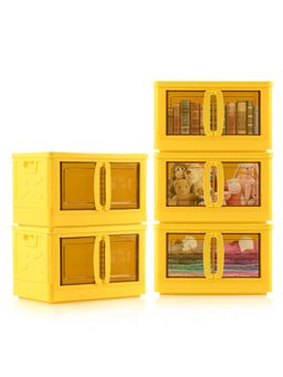 Kuber Industries - Yellow Plastic Double Door Storage Box with Lid & Wheels (Pack of 5)