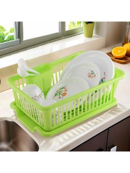Kuber Industries - Green 3-in-1 Plastic Dish Drainer Basket with Water Draining Tray