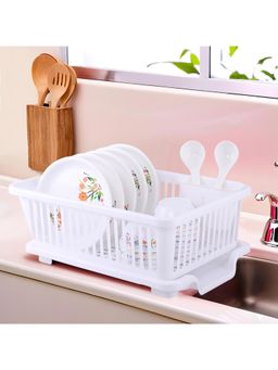 Kuber Industries - White Plastic 3 in 1 Sink Dish Drainer Rack with Tray