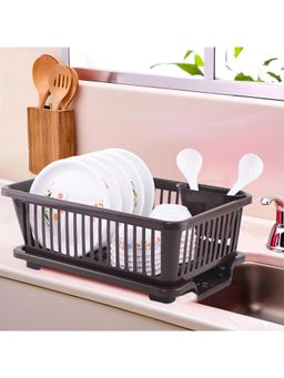 Kuber Industries - Brown Plastic 3 in 1 Sink Dish Drainer Rack with Tray