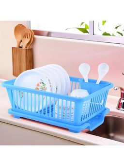 Kuber Industries - Blue Plastic 3 in 1 Sink Dish Drainer Rack with Tray