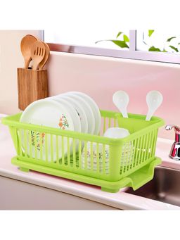 Kuber Industries - Green Plastic 3 in 1 Sink Dish Drainer Rack with Tray