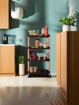 Kuber Industries - Brown 4-Layer Storage Trolley Rack with Wheels