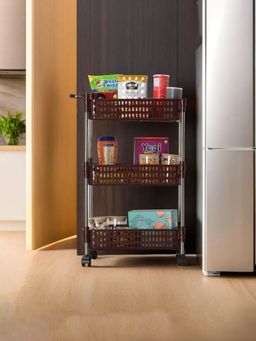Kuber Industries - Brown 3-Layer Storage Revolving Rack with Wheels