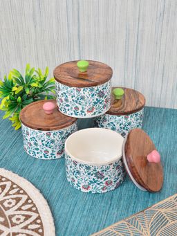 FABINALIV - White Floral Handcrafted Glossy Ceramics Jar with Lid (Pack of 4) (300ml)