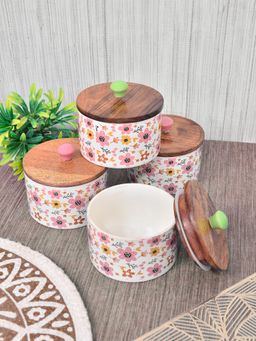 FABINALIV - White Floral Handcrafted Glossy Ceramics Jar with Lid (Pack of 4) (300ml)