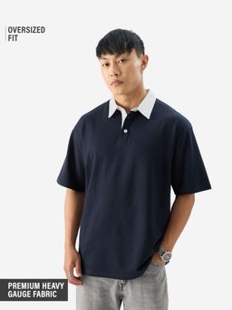 The Souled Store - Solid Navy Blue Oversized Polo T-Shirt