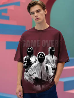 Bewakoof - Official Squid Game Men's Maroon Game Over Graphic Printed Oversized T-shirt